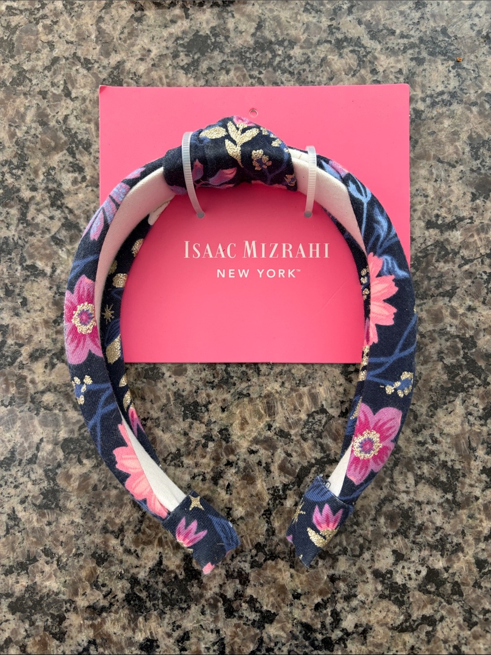 Isaac Mizrahi Navy Floral Knot Headband with Pink & Gold Accents